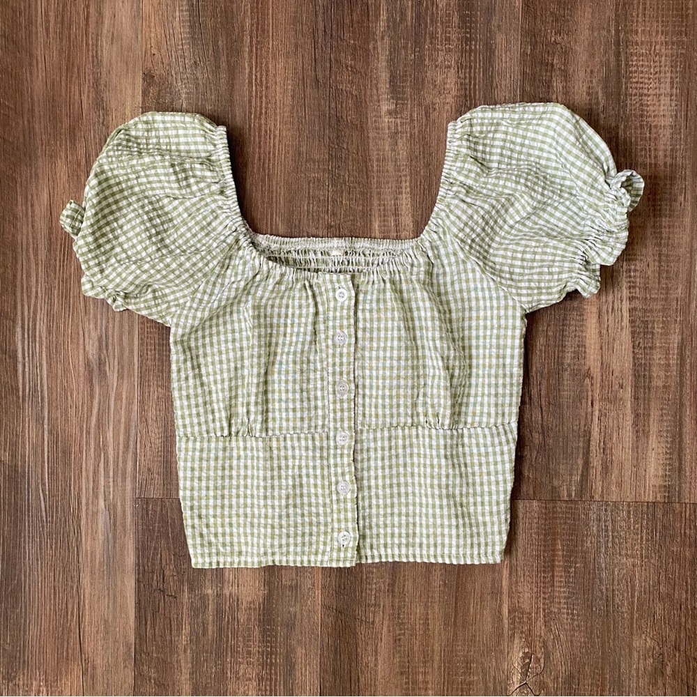 sage/white smocked gingham puffy sleeve blouse